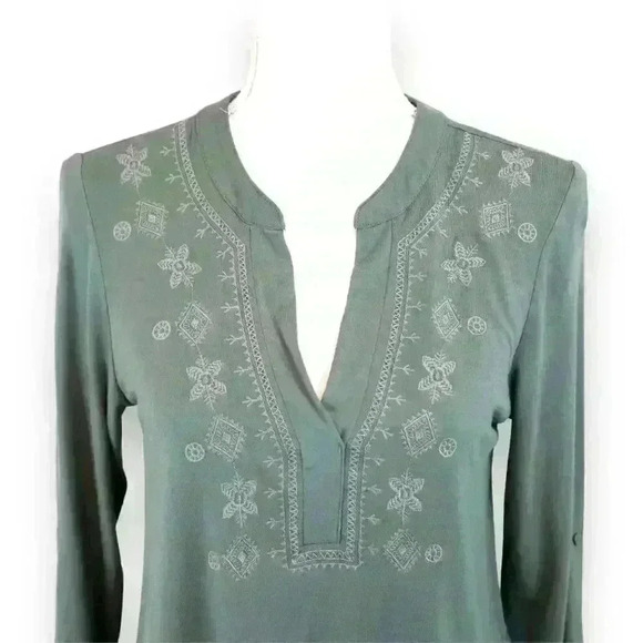 Cable & Gauge Olive Army Green Embroidered 3/4 Sleeve Tunic Size Small - Picture 2 of 8